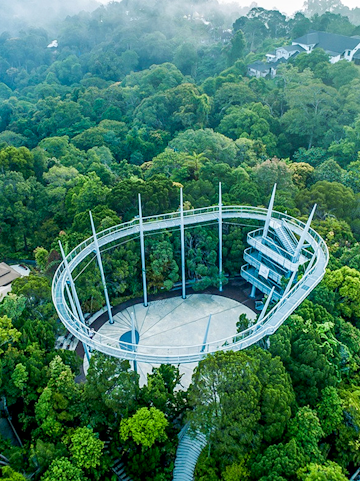 Aerial view of the canopy walk at The Habitat Penang Hill surrounded by lush forest.