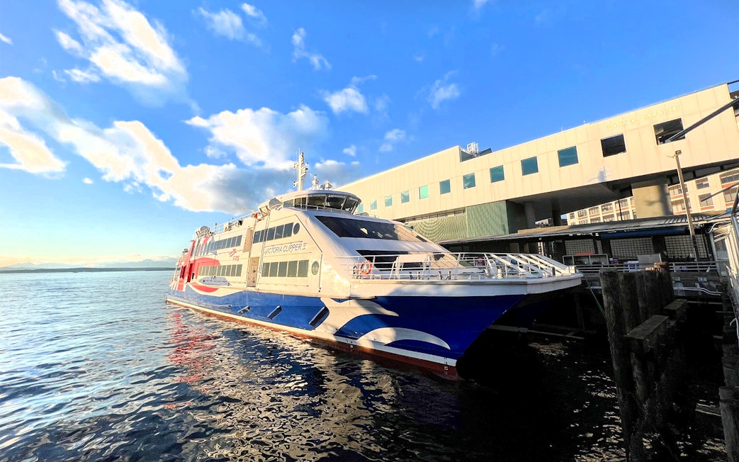 High-speed ferry docked in Seattle, WA, with views of Puget Sound, en route to Victoria, BC.