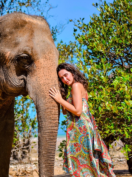 Woman interacting with elephant at Lily Elephant Camp, Phuket.