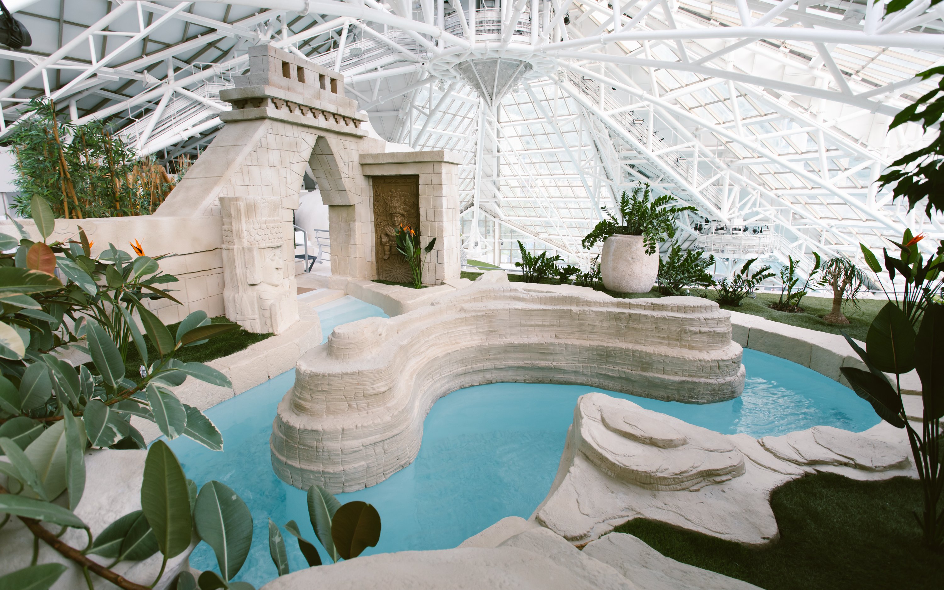 Aztec-themed bath in the Origins spa area at Caldea thermal center, Andorra.