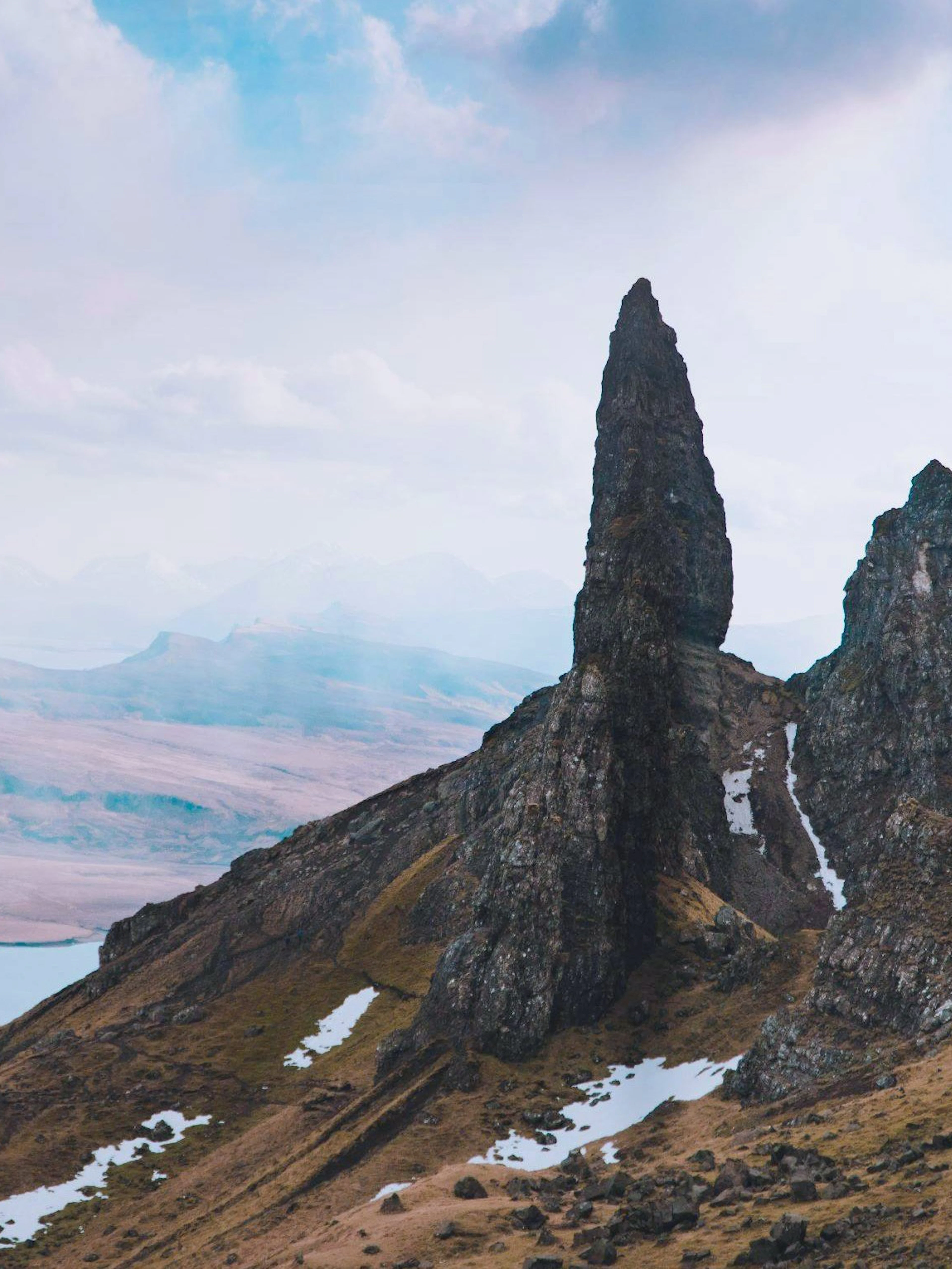Old Man of Storr rock formation on the Isle of Skye, Scotland, with surrounding landscape.