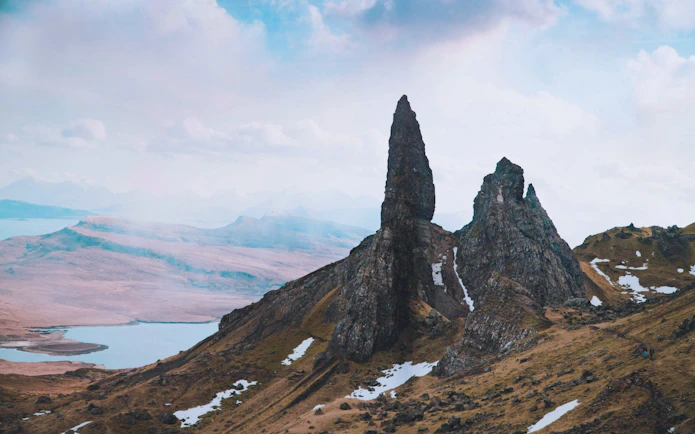 Old Man of Storr rock formation on the Isle of Skye, Scotland, with surrounding landscape.