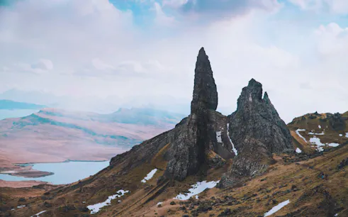 Old Man of Storr rock formation on the Isle of Skye, Scotland, with surrounding landscape.