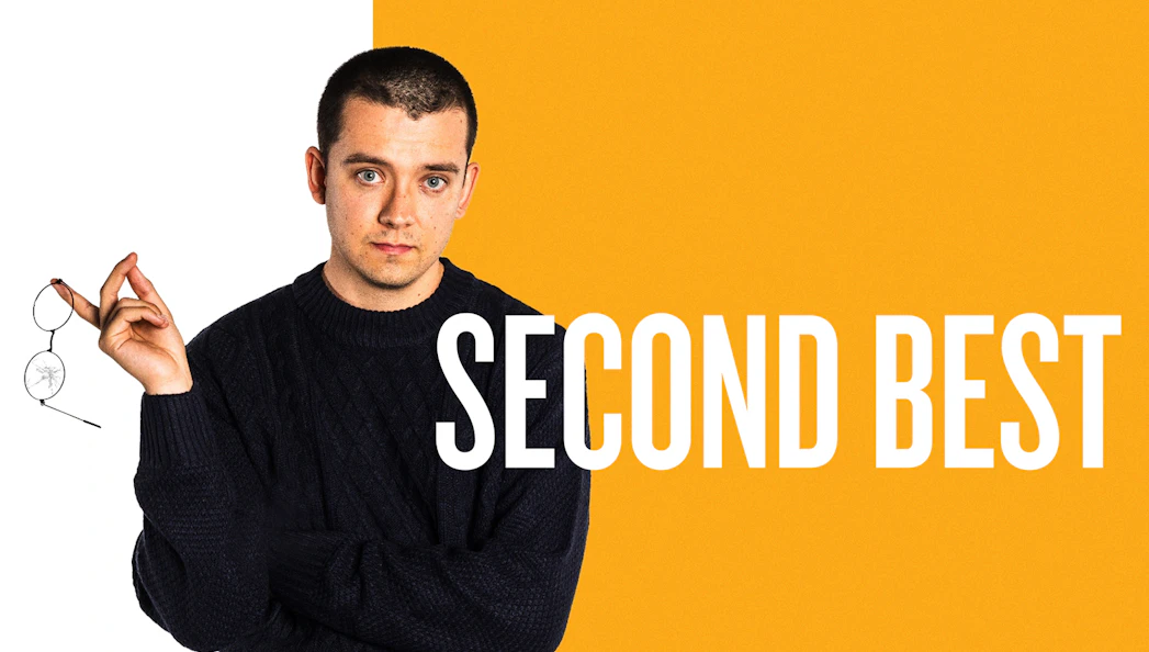 Man holding broken glasses with "Second Best" text on orange background.