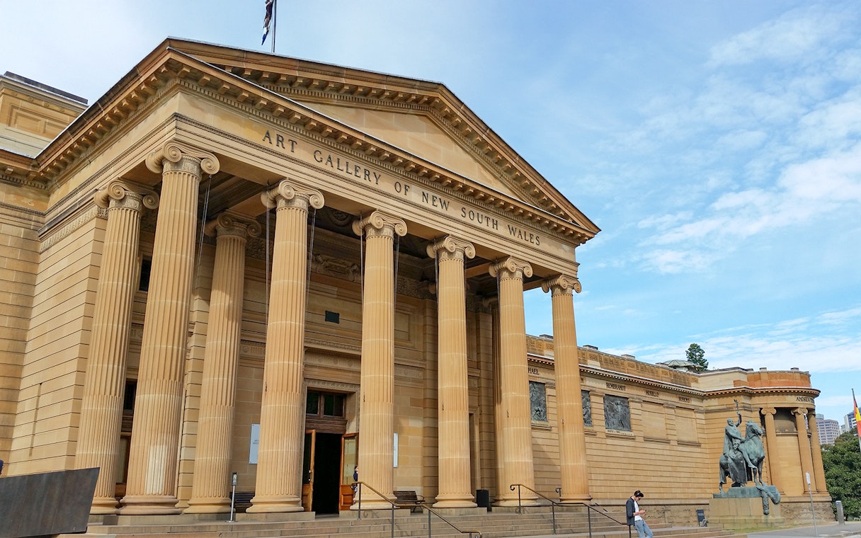 Art Gallery of New South Wales entrance with columns, Sydney, Australia.