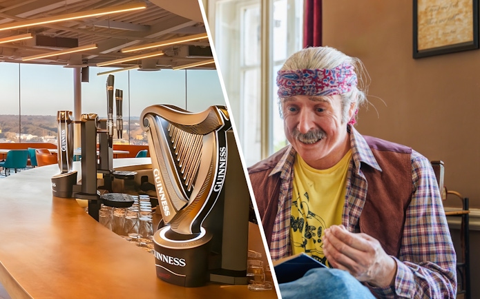 Guinness Storehouse bar taps and wax figure at National Wax Museum in Dublin.