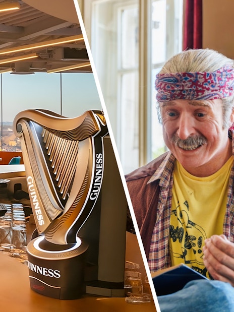Guinness Storehouse bar taps and wax figure at National Wax Museum in Dublin.