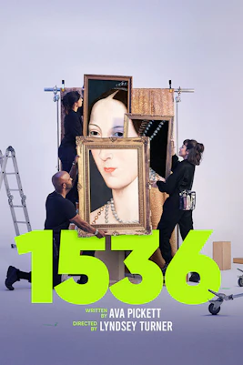 Actors arranging portrait frames for West End show '1536' production.