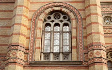 Dohány Street Synagogue ornate window detail in Budapest.