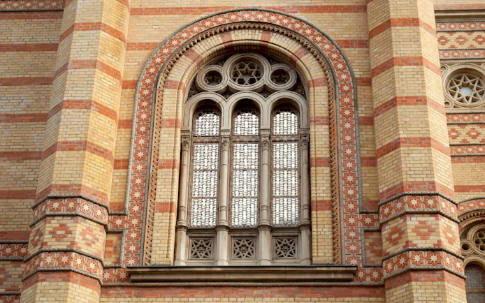 Dohány Street Synagogue ornate window detail in Budapest.