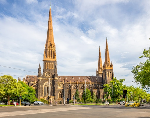 St Patrick's Cathedral with spires in Melbourne on a sunny day, part of the Melbourne City Discovery tour.
