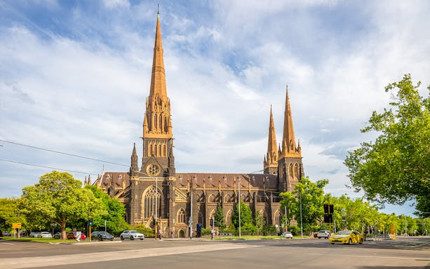 St Patrick's Cathedral with spires in Melbourne on a sunny day, part of the Melbourne City Discovery tour.