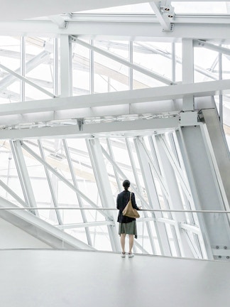 Person standing inside Fondation Louis Vuitton, Paris, viewing modern architectural design.