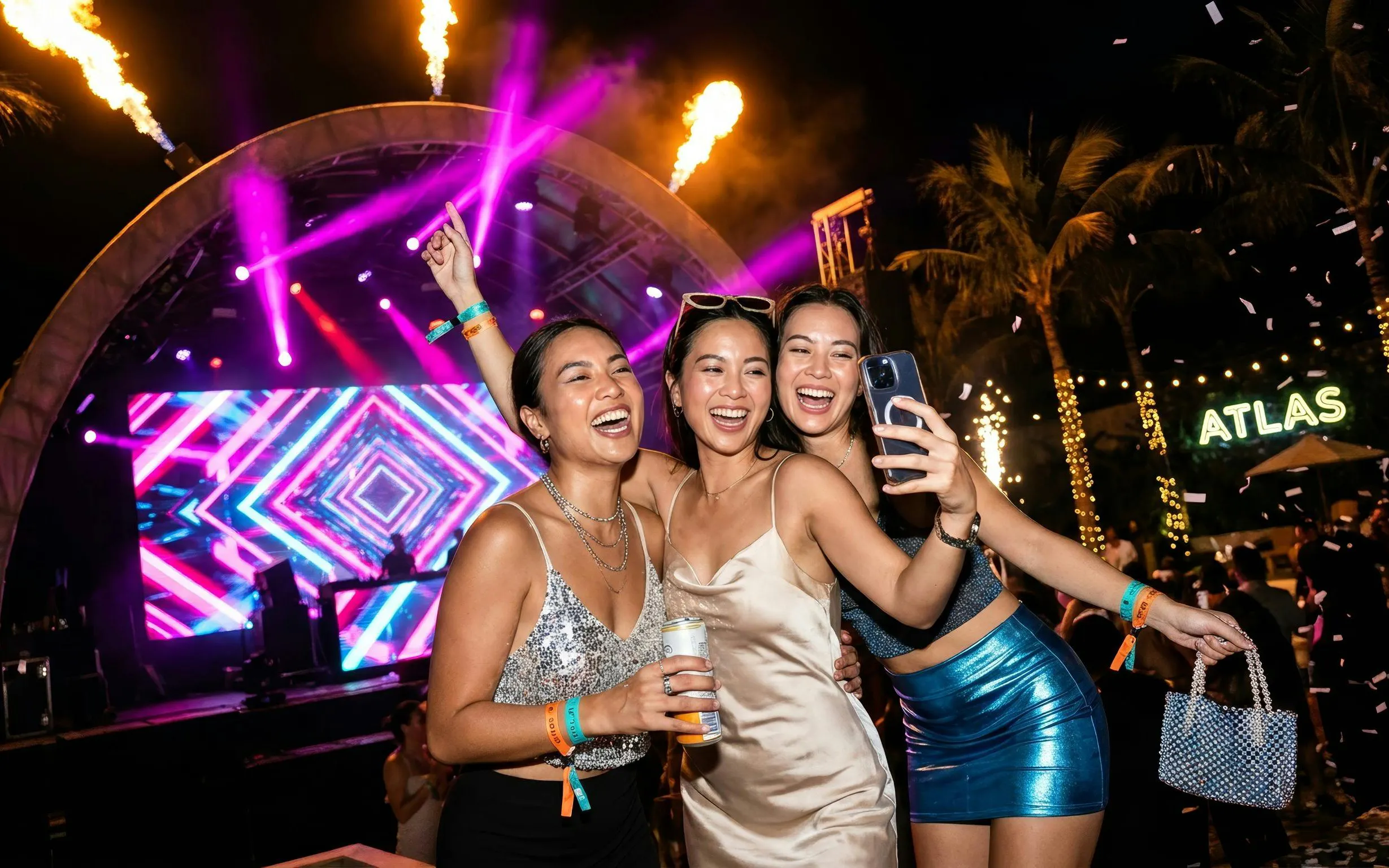 Partygoers celebrating New Year's Eve at Atlas Beach Club with live music and vibrant lights.