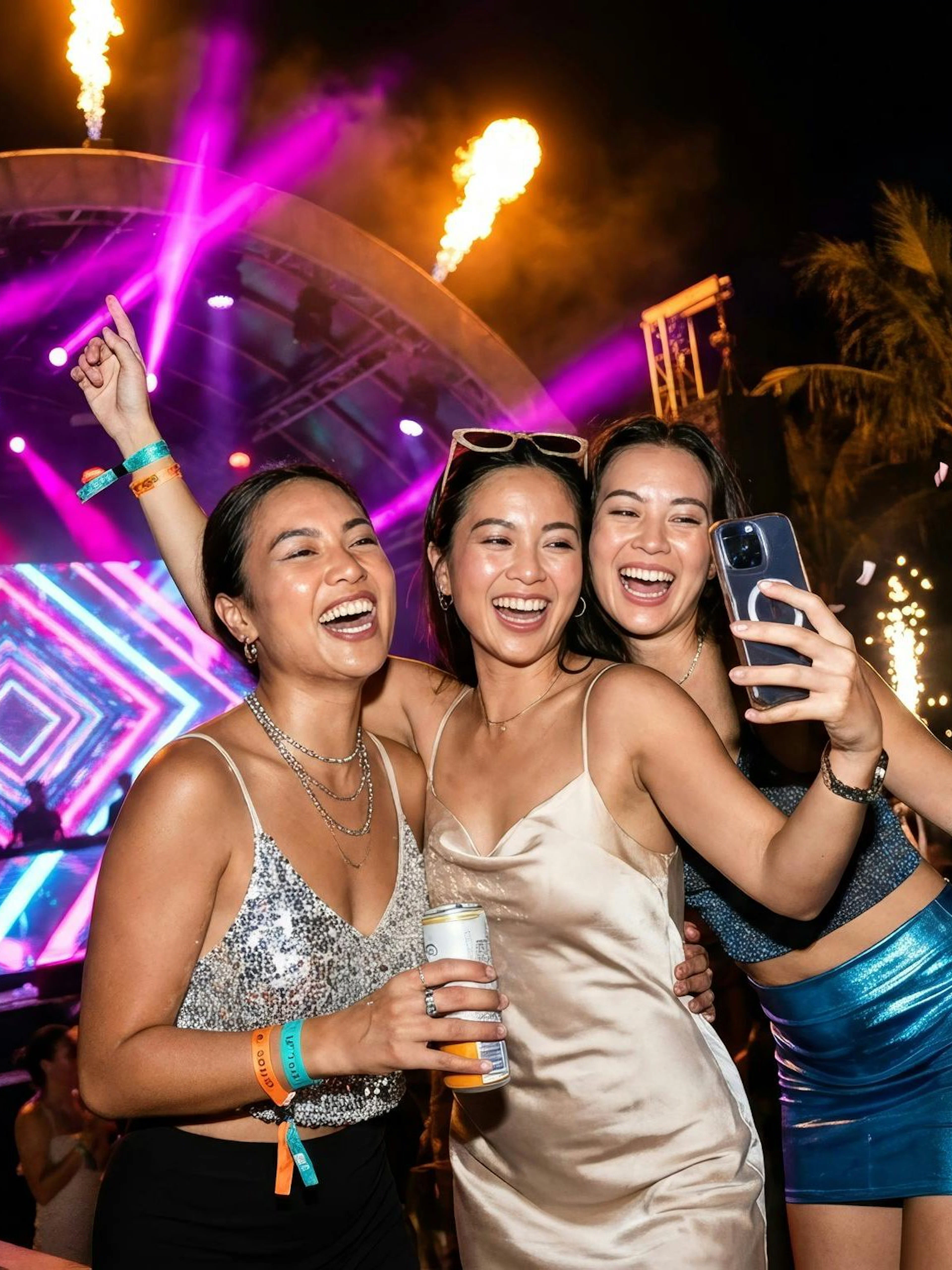 Partygoers celebrating New Year's Eve at Atlas Beach Club with live music and vibrant lights.