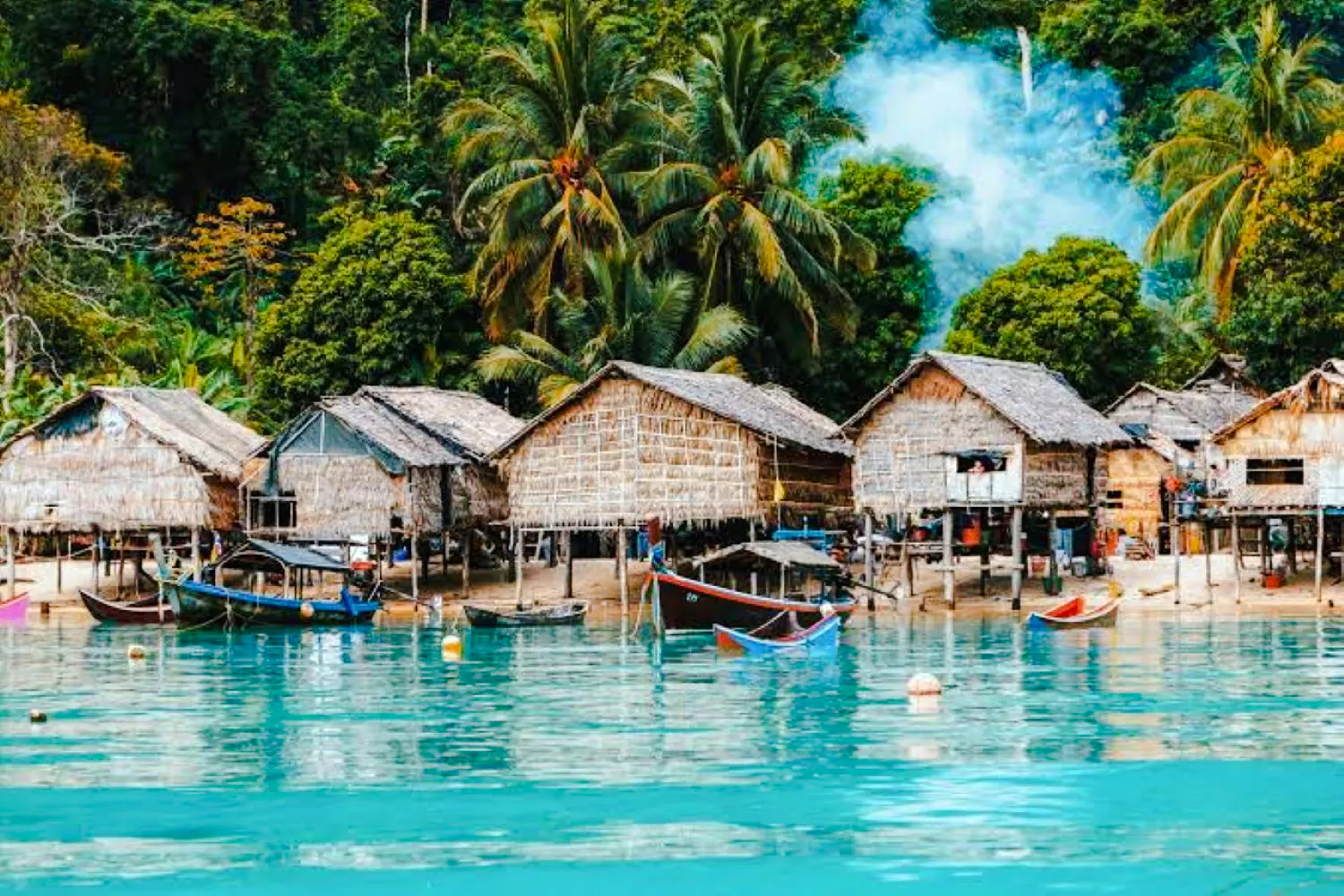 Stilt houses and boats at Moken Village, Surin Islands, Krabi.