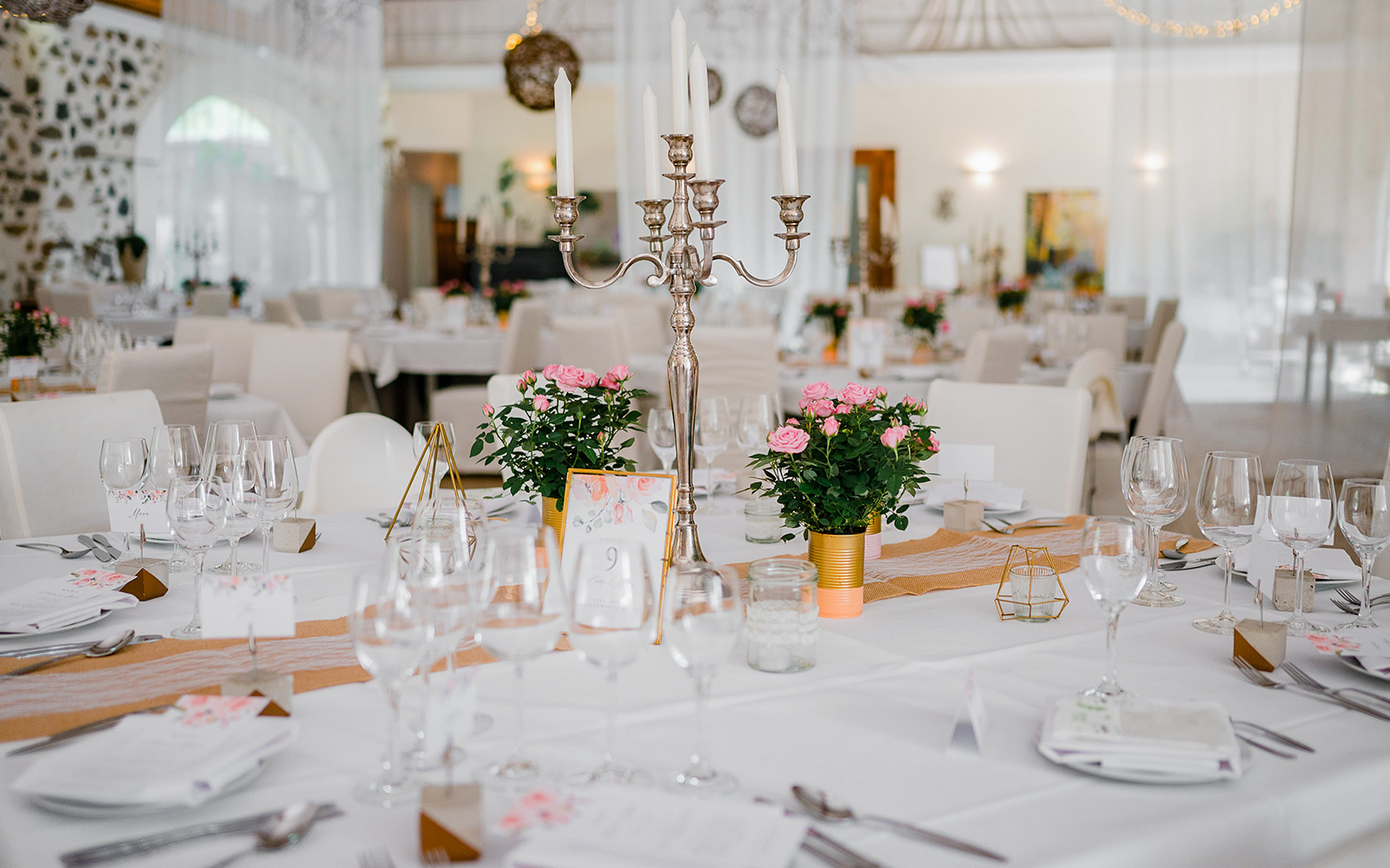 Castle dining room with long wooden table and ornate chandeliers.