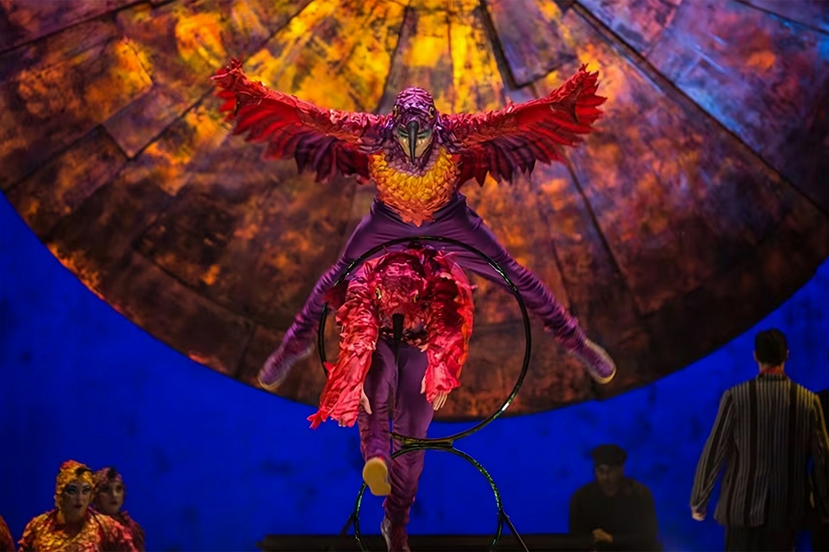 Acrobats performing in vibrant costumes during Luzia show.