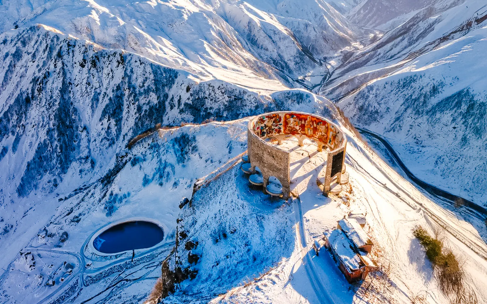 Gudauri View Point in the snowy Caucasus Mountains, Georgia, with panoramic vistas.