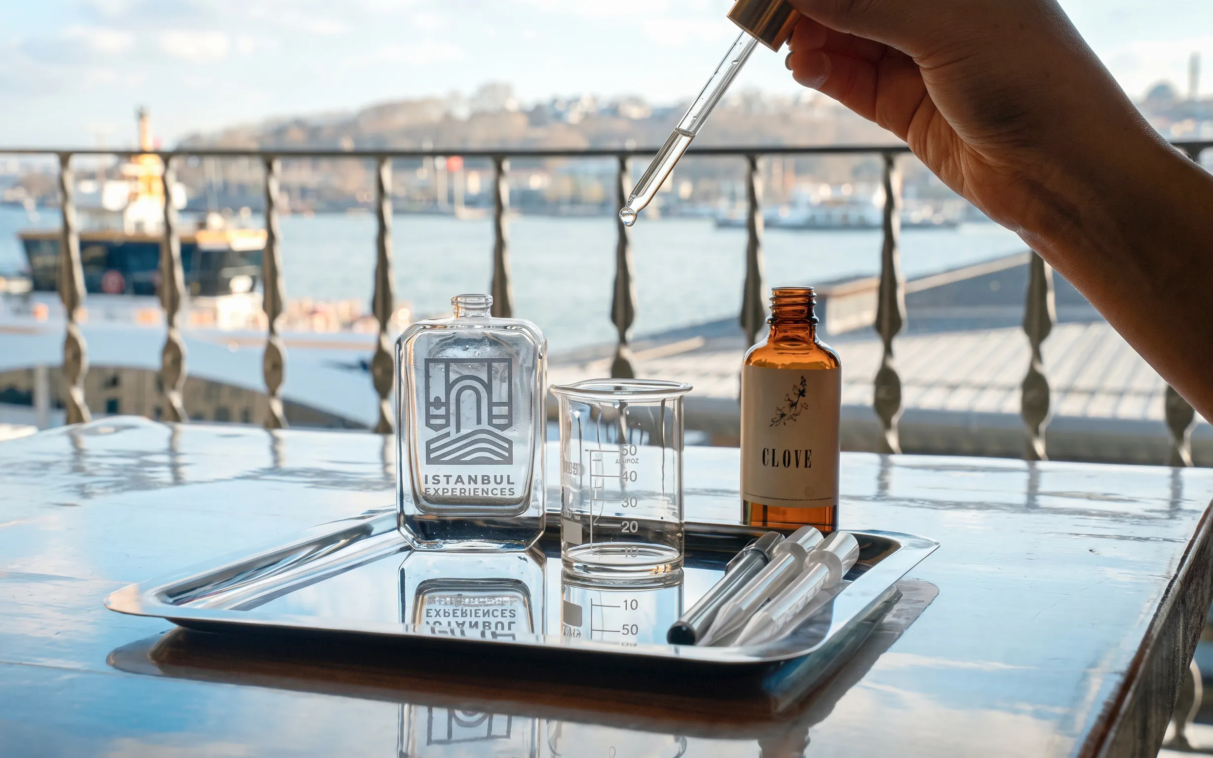 Perfume-making workshop setup with Bosphorus view in Istanbul.