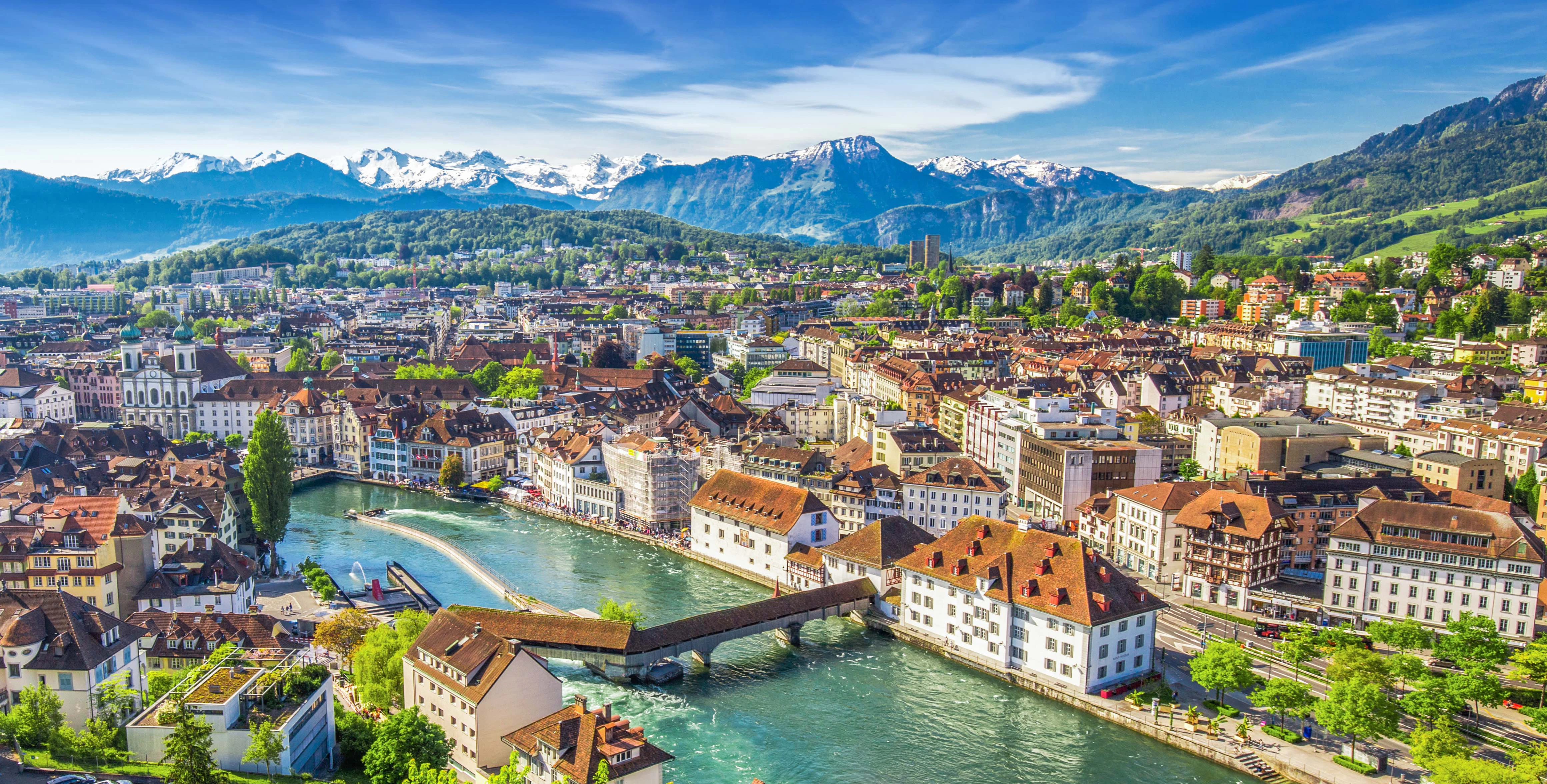 Aerial view of Lucerne city center with Chapel Bridge and Reuss River, Switzerland.