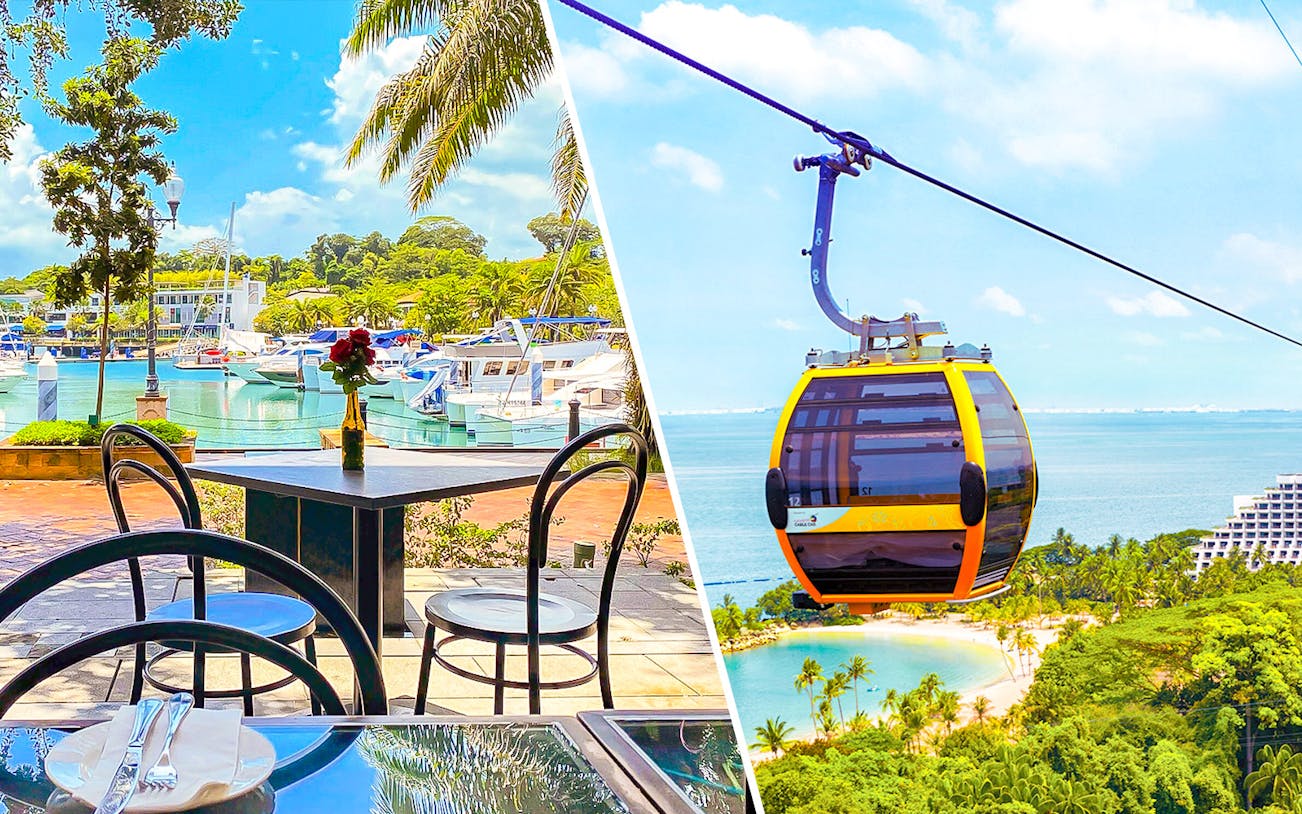 Singapore Cable Car over Sentosa Island with marina dining view.