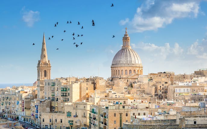 Valletta skyline with St. Paul's Cathedral dome and spire, Malta.