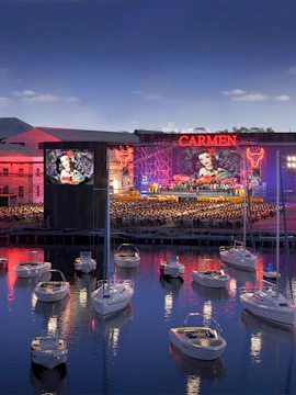 Carmen opera performance on Cockatoo Island with boats in the foreground.