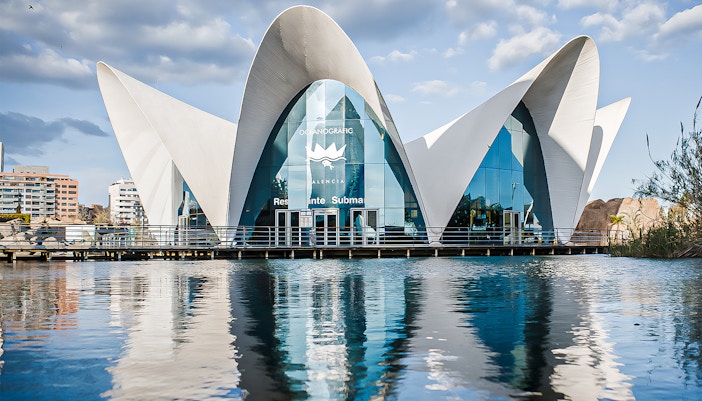 Oceanogràfic oceanarium building with unique architecture in Valencia, Spain.