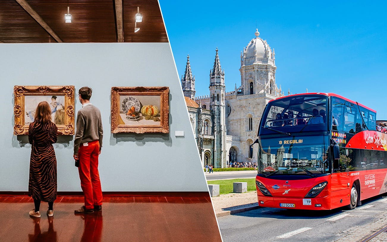 Visitors viewing art at Calouste Gulbenkian Museum and a Lisbon hop-on hop-off bus near Jerónimos Monastery.