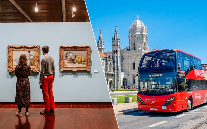 Visitors viewing art at Calouste Gulbenkian Museum and a Lisbon hop-on hop-off bus near Jerónimos Monastery.