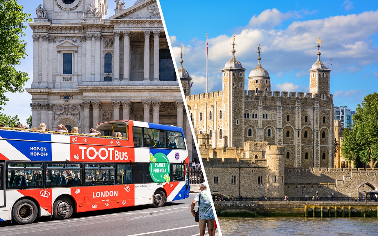 Open-top tour bus near St. Paul's Cathedral and Tower of London, England.