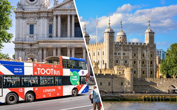 Open-top tour bus near St. Paul's Cathedral and Tower of London, England.