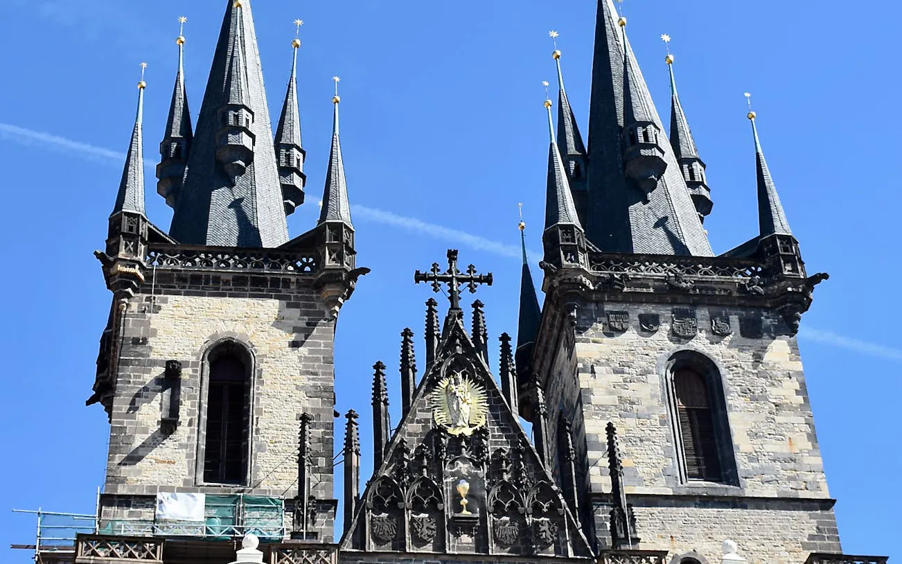 Towers of the Church of Our Lady before Týn in Prague on a clear day.