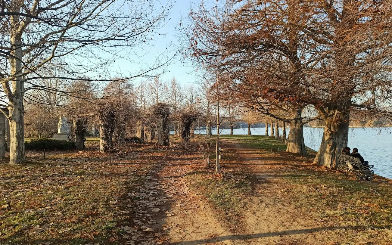 Pathway along a lake with trees and a couple sitting on a bench in Bucharest.
