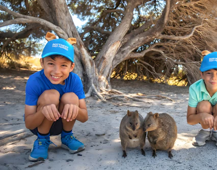 Children crouching near quokkas on Rottnest Island during a guided bus tour.