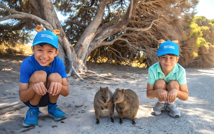 Children crouching near quokkas on Rottnest Island during a guided bus tour.