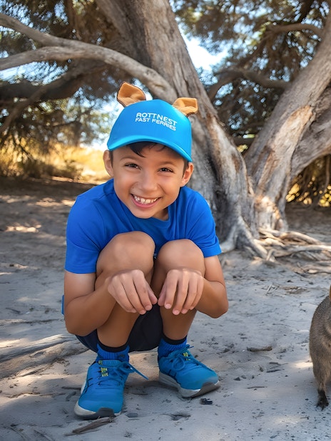 Children crouching near quokkas on Rottnest Island during a guided bus tour.