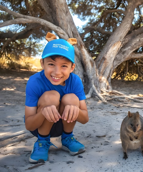 Children crouching near quokkas on Rottnest Island during a guided bus tour.