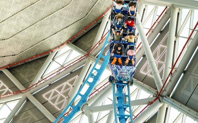Riders on The Storm Coaster in Dubai experience a thrilling vertical drop.