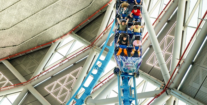 Riders on The Storm Coaster in Dubai experience a thrilling vertical drop.