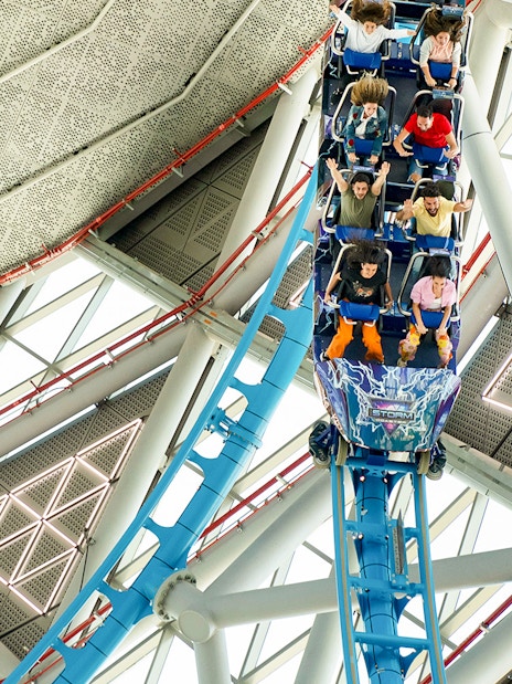 Riders on The Storm Coaster in Dubai experience a thrilling vertical drop.