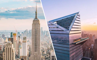 Empire State Building and Edge Observation Deck at sunset, New York City skyline.
