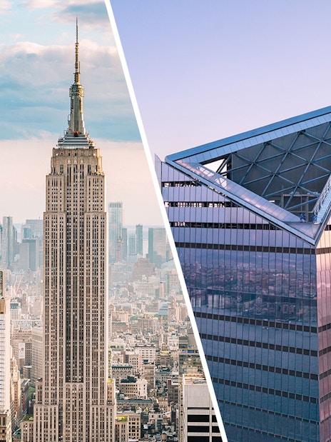 Empire State Building and Edge Observation Deck at sunset, New York City skyline.