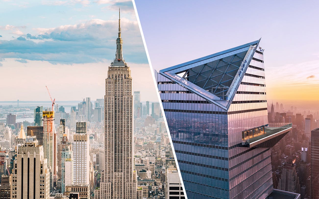 Empire State Building and Edge Observation Deck at sunset, New York City skyline.