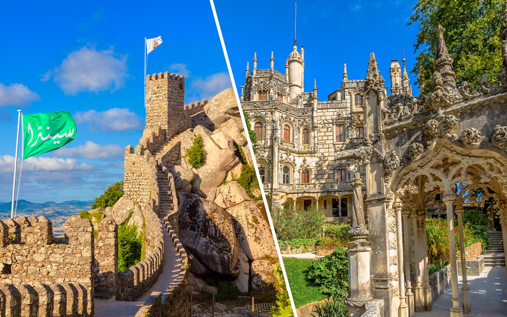 Moorish Castle stone walls and Quinta da Regaleira ornate facade in Sintra, Portugal.