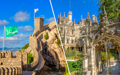 Moorish Castle stone walls and Quinta da Regaleira ornate facade in Sintra, Portugal.