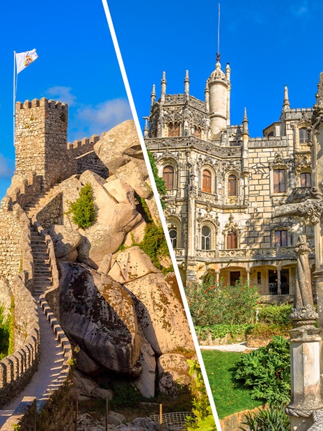 Moorish Castle stone walls and Quinta da Regaleira ornate facade in Sintra, Portugal.