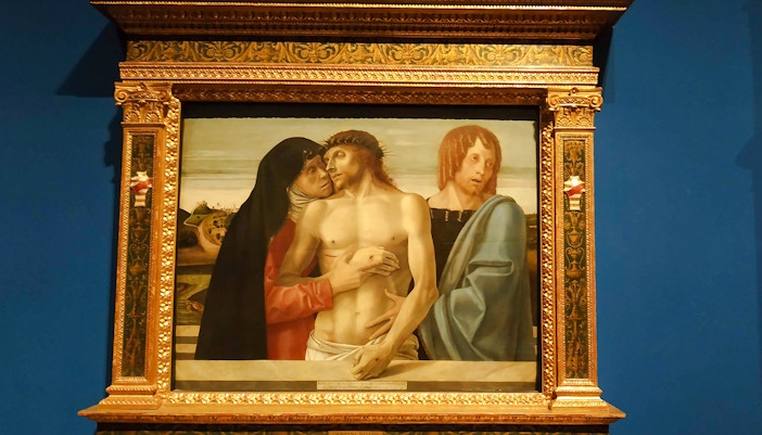 The Dead Christ Supported by the Virgin Mary and St John, painting by Pieter Bruegel at Pinacoteca di Brera.