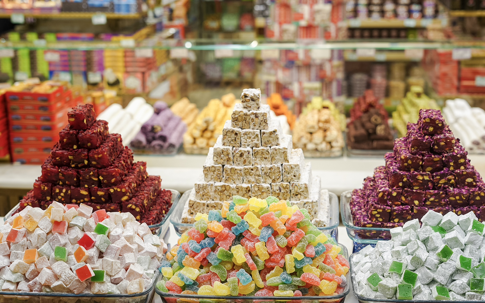 Assorted Turkish sweets displayed in a market in Istanbul.